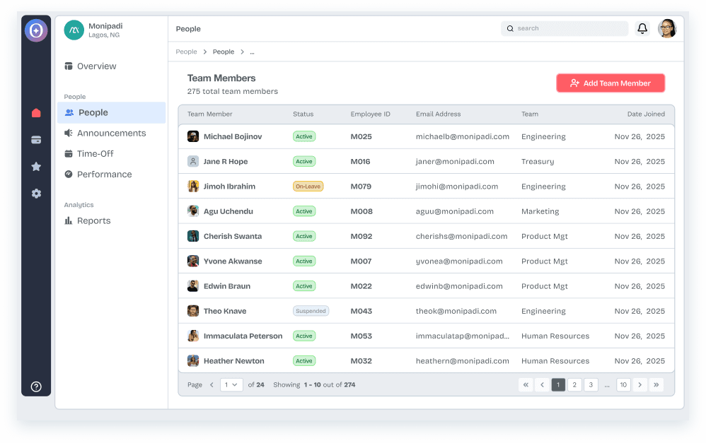 Hutch HR people management screen